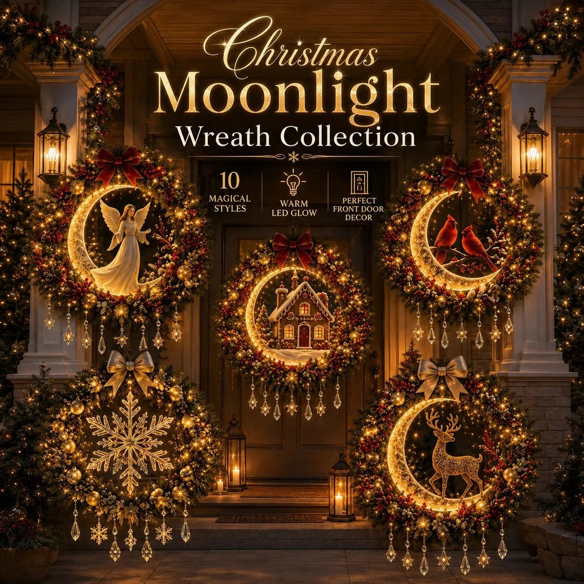 ✨ Christmas Moonlight Wreath Collection – Lighted Holiday Door Decor