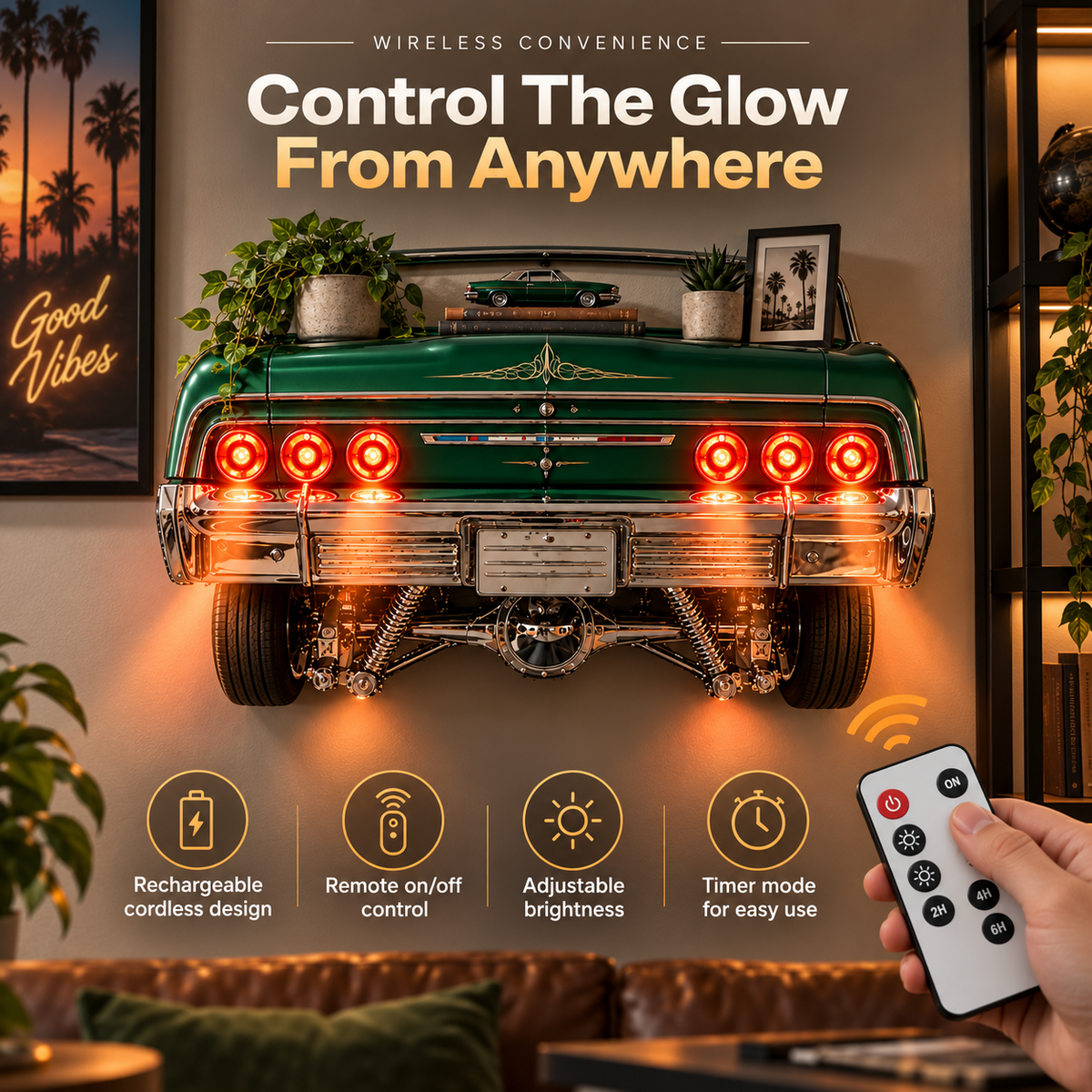 🚗 3D Classic Car Rear Wall Shelf Lamp – Wireless Tail-Light Decor with Remote Control
