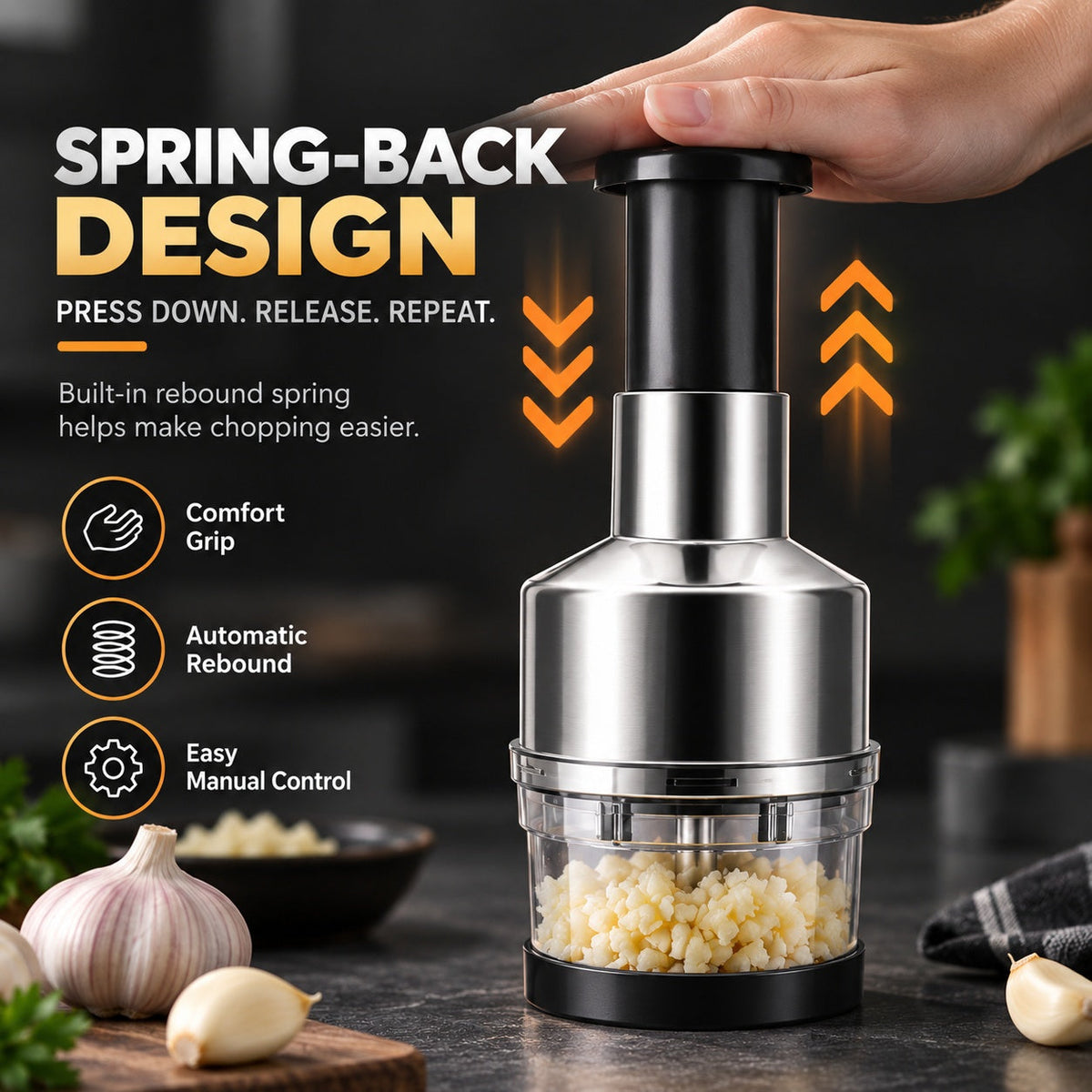 🥣Chop Garlic Faster – Press-Down Manual Food Chopper