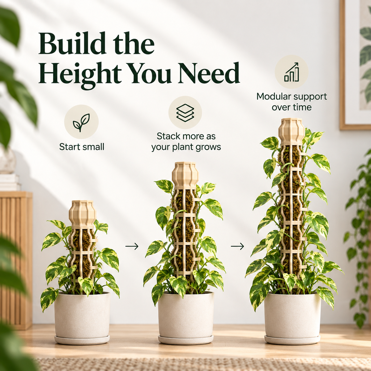 🪴Stackable Climbing Plant Support Pole – Vine Clips, Moss Fill & Top Watering Design