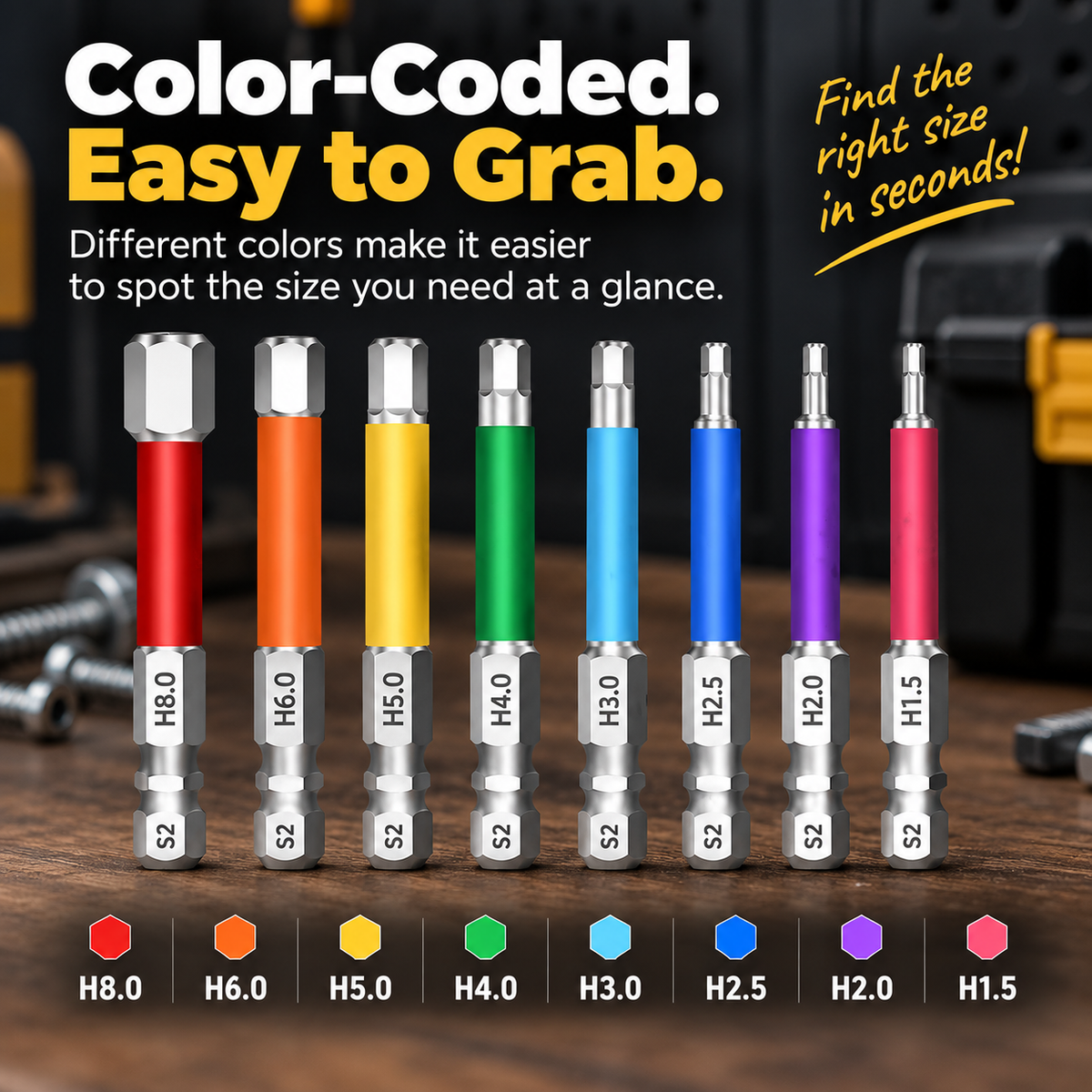 🧲Magnetic Hex Bit Set — 8 Sizes, Color-Coded, S2 Steel, 65mm