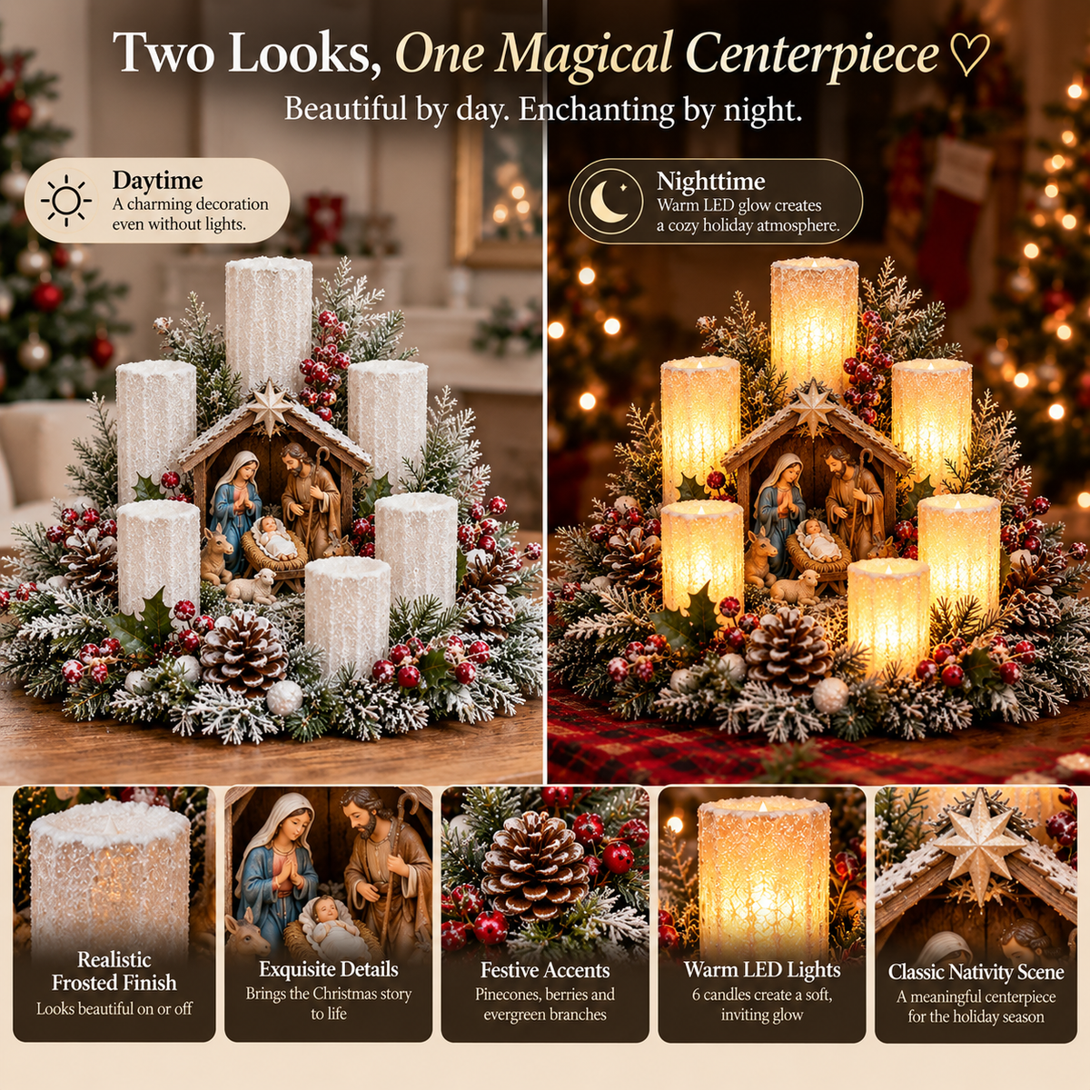 🌲Lighted Christmas Centerpiece — 7 Styles, Candle-Style Holiday Decor