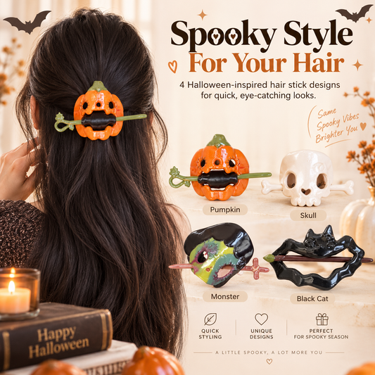 🎃 Halloween Hair Stick Clip – 4 Lightweight Spooky Statement Styles for Easy Half-Up Hair