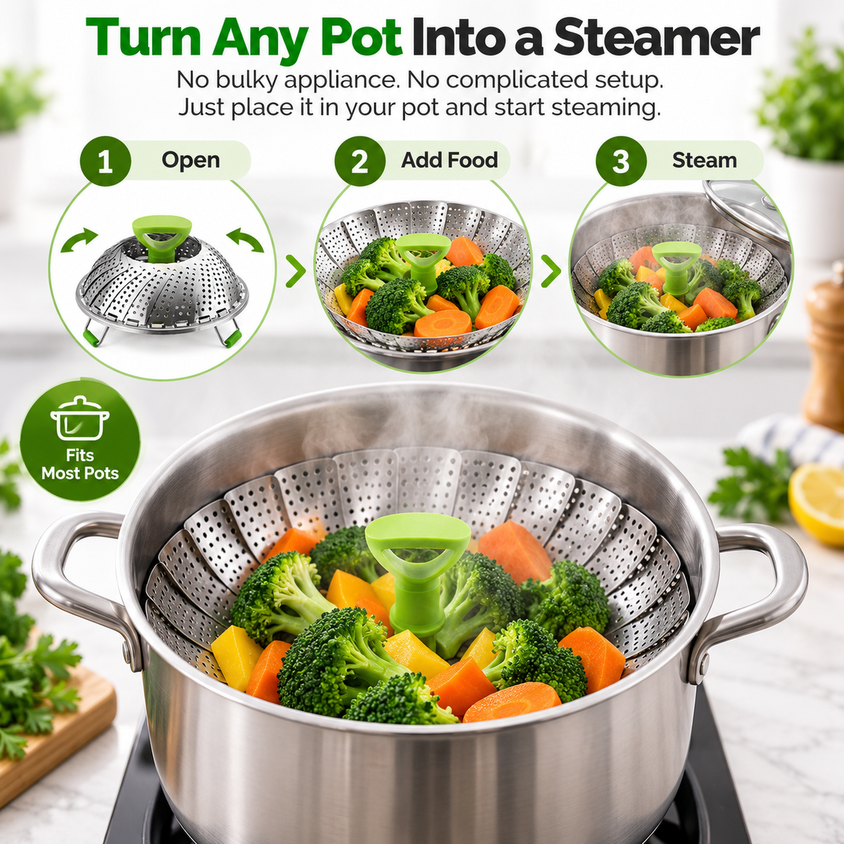 🥦 Expandable Folding Steamer Basket – Adjustable Stainless Steel Cooking Insert, 2 Sizes