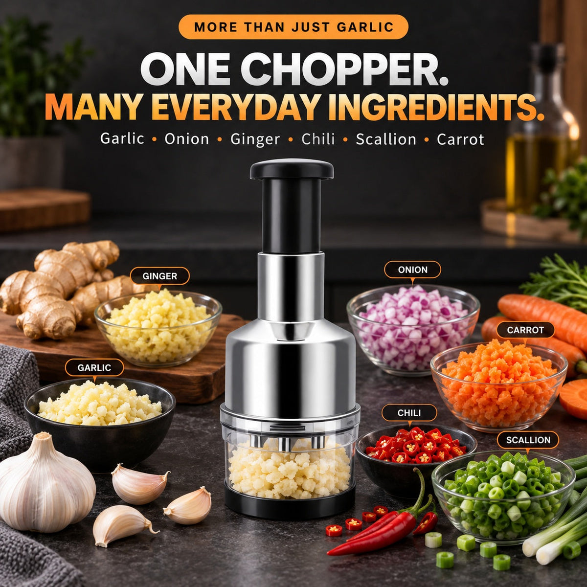 Chop Garlic Faster – Press-Down Manual Food Chopper