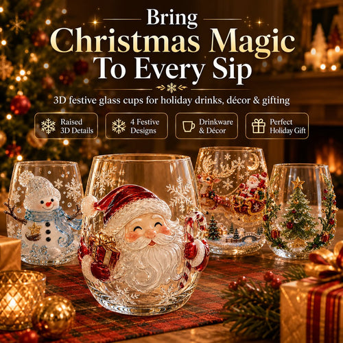 🎅✨Magical Christmas 3D Glass Cup Collection – Santa, Reindeer, Snowman & Christmas Tree