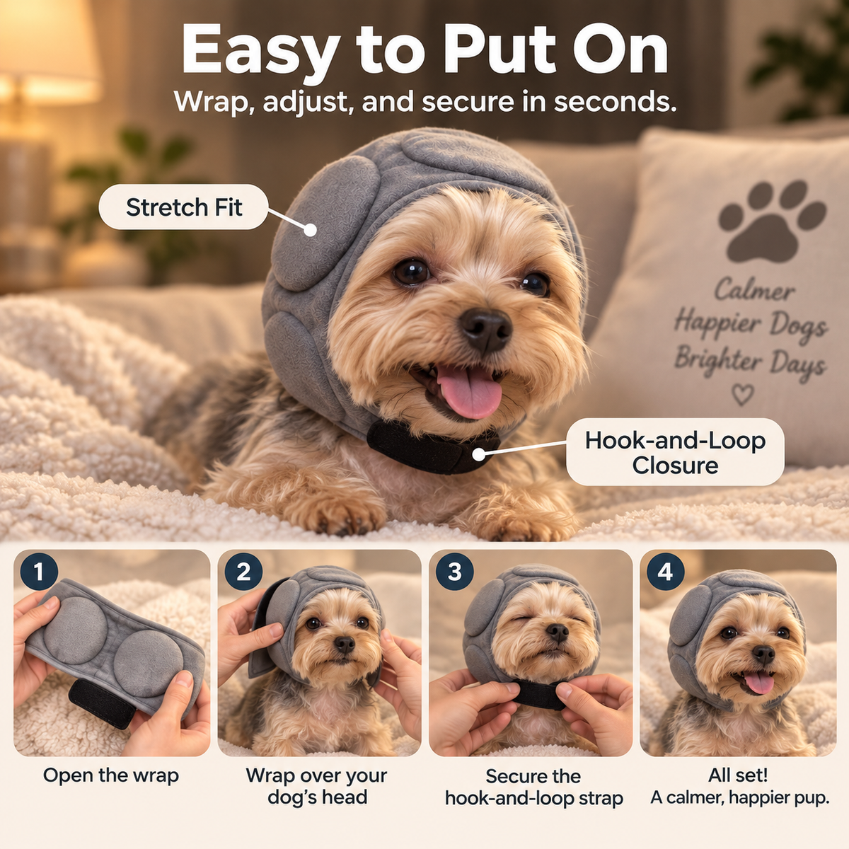 🐶 Soft Padded Dog Ear Comfort Wrap – Adjustable Head Cover for Storms, Grooming & Travel