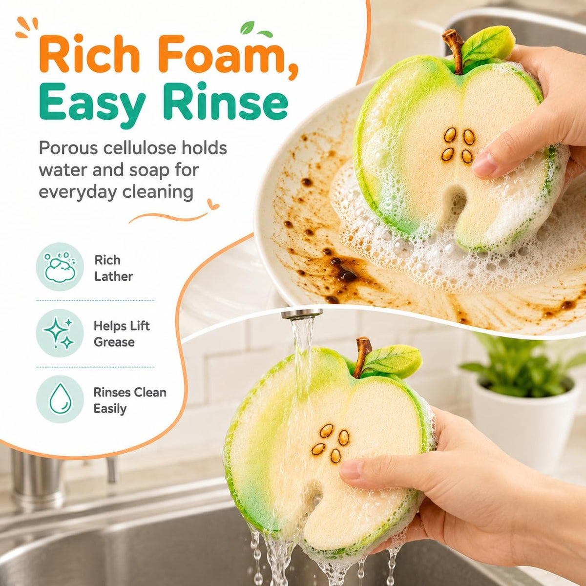 🍑💧 Compressed Cellulose Sponges - 3-Pack Fruit-Shaped Natural Pop-Up Kitchen Sponges🧽