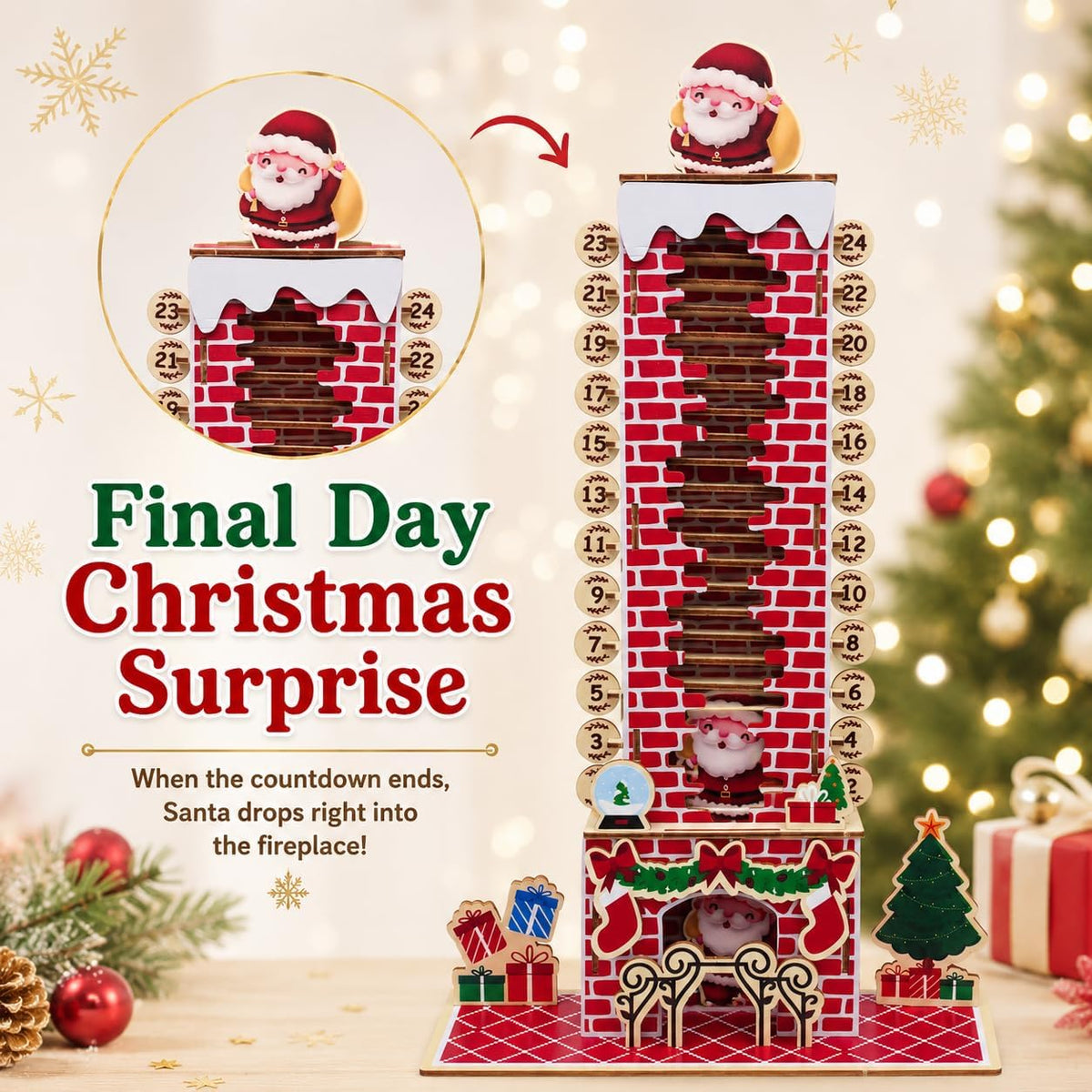 Moving Santa Wooden Christmas Countdown Calendar – Watch Santa Get Closer Every Day