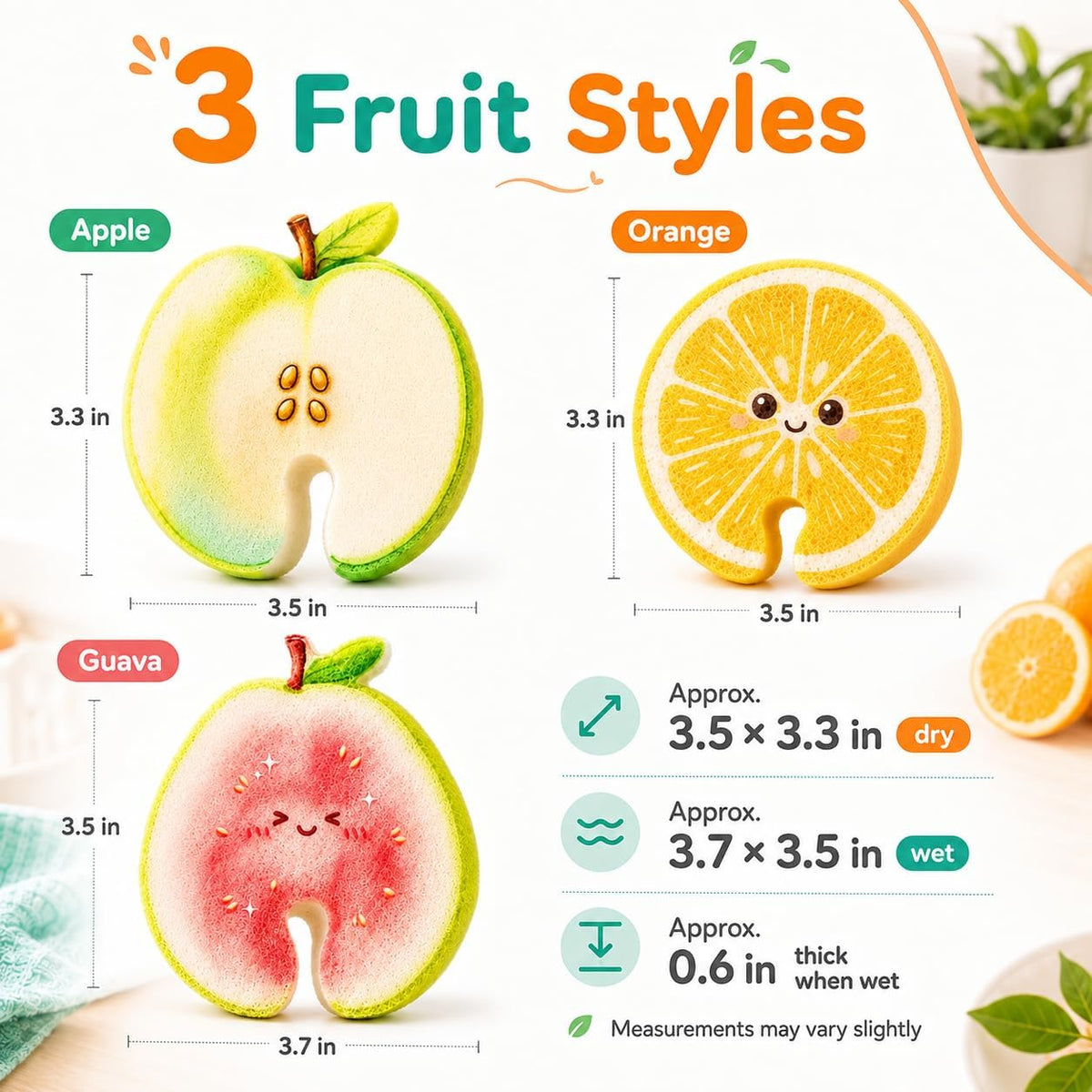 🍑💧 Compressed Cellulose Sponges - 3-Pack Fruit-Shaped Natural Pop-Up Kitchen Sponges🧽