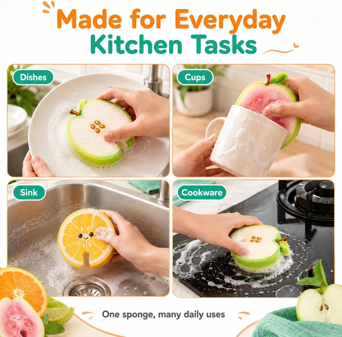 🍑💧 Compressed Cellulose Sponges - 3-Pack Fruit-Shaped Natural Pop-Up Kitchen Sponges🧽