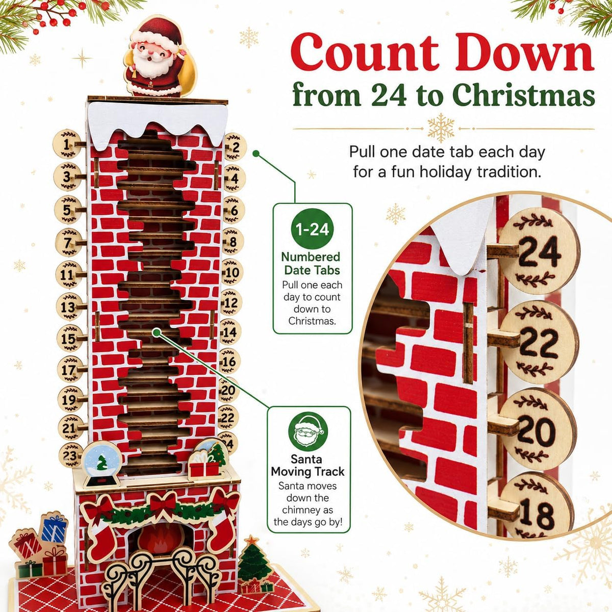 Moving Santa Wooden Christmas Countdown Calendar – Watch Santa Get Closer Every Day