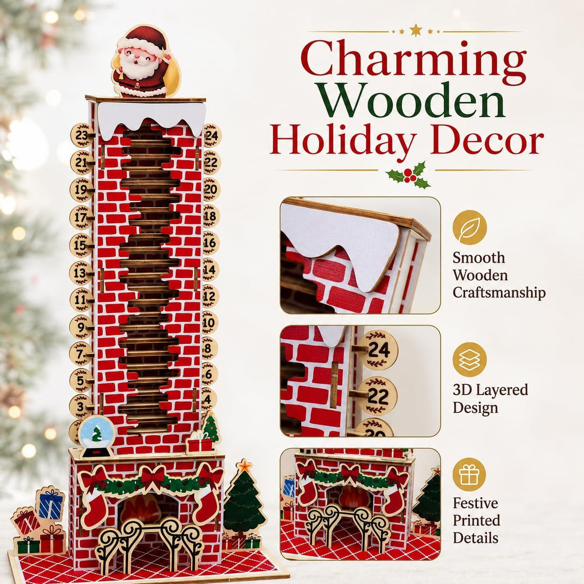 Moving Santa Wooden Christmas Countdown Calendar – Watch Santa Get Closer Every Day