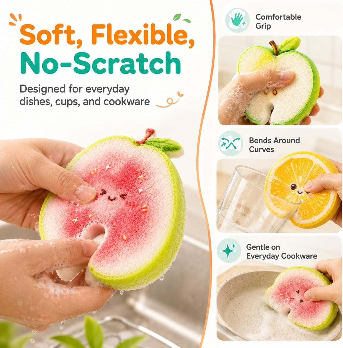🍑💧 Compressed Cellulose Sponges - 3-Pack Fruit-Shaped Natural Pop-Up Kitchen Sponges🧽