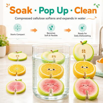 🍑💧 Compressed Cellulose Sponges - 3-Pack Fruit-Shaped Natural Pop-Up Kitchen Sponges🧽