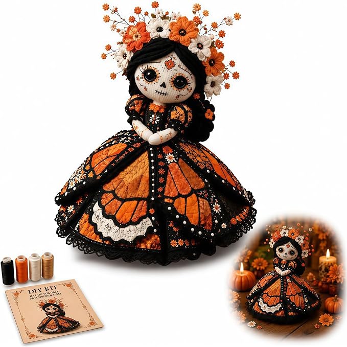 🌼 Day of the Dead-Inspired Skeleton Bride DIY Kit – Handmade Patchwork Doll