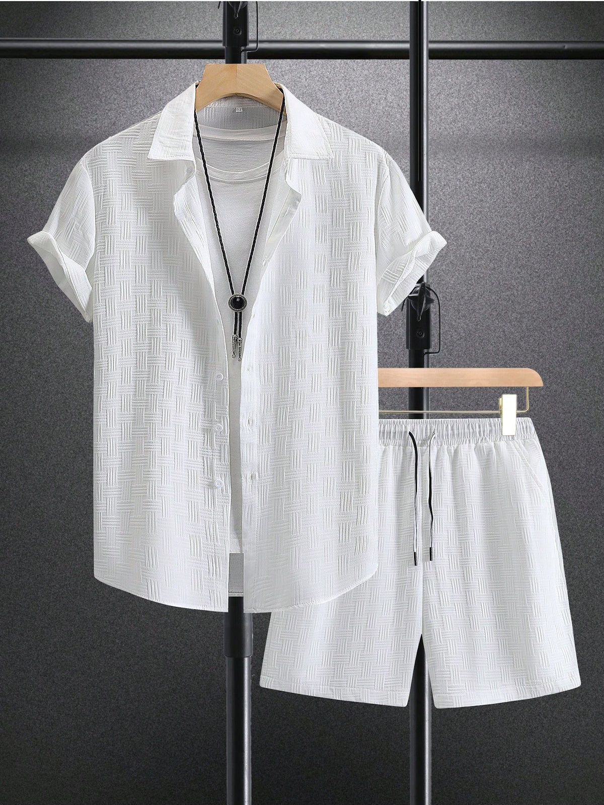 Men Solid Button Up Shirt & Shorts Set