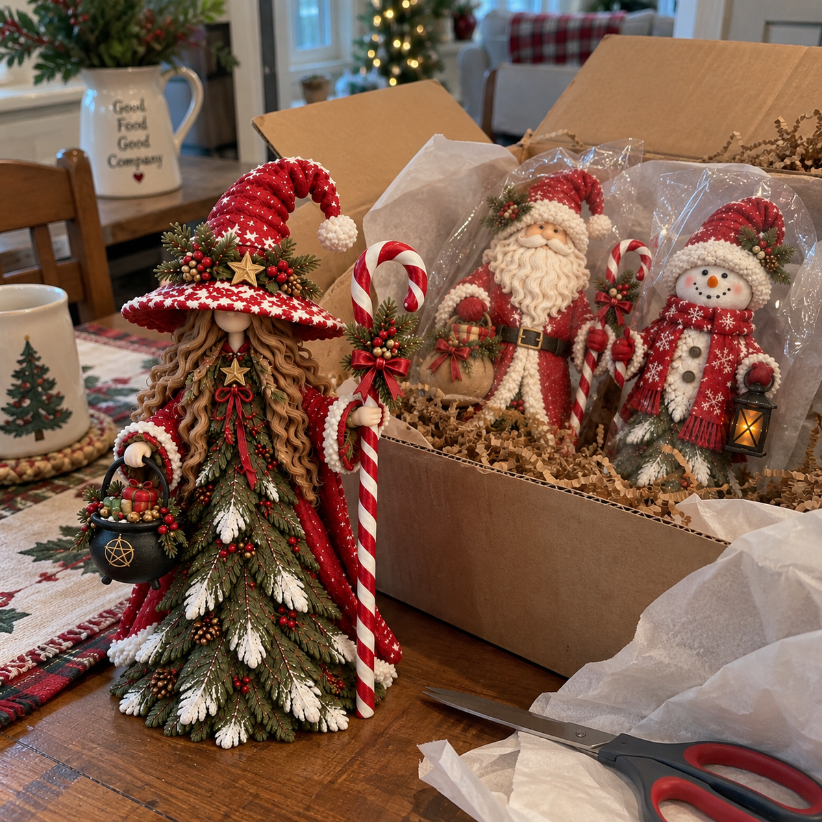 🎄 Christmas Enchanted Trio Figurine Set – Snowman, Santa & Winter Witch Decor ✨