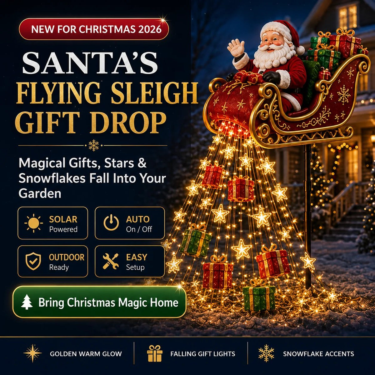 🎅2026 New Santa’s Flying Sleigh Gift Cascade – Solar Christmas Garden Light✨