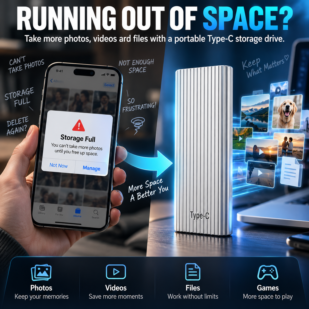 💾 16TB Portable Type-C Storage Drive – More Room for Photos, Videos & Files
