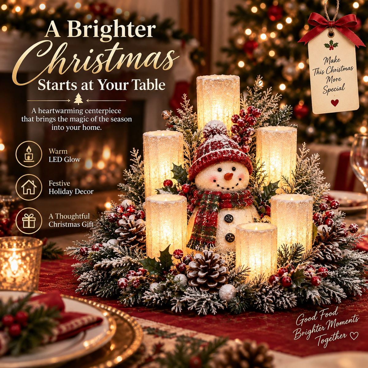 🌲Lighted Christmas Centerpiece — 7 Styles, Candle-Style Holiday Decor