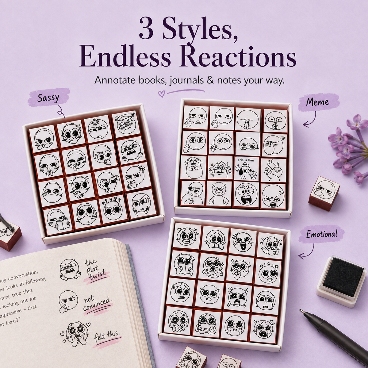 📚 Expression Reaction Stamp Set – Cute Book Annotation Stamps for Readers & Journaling
