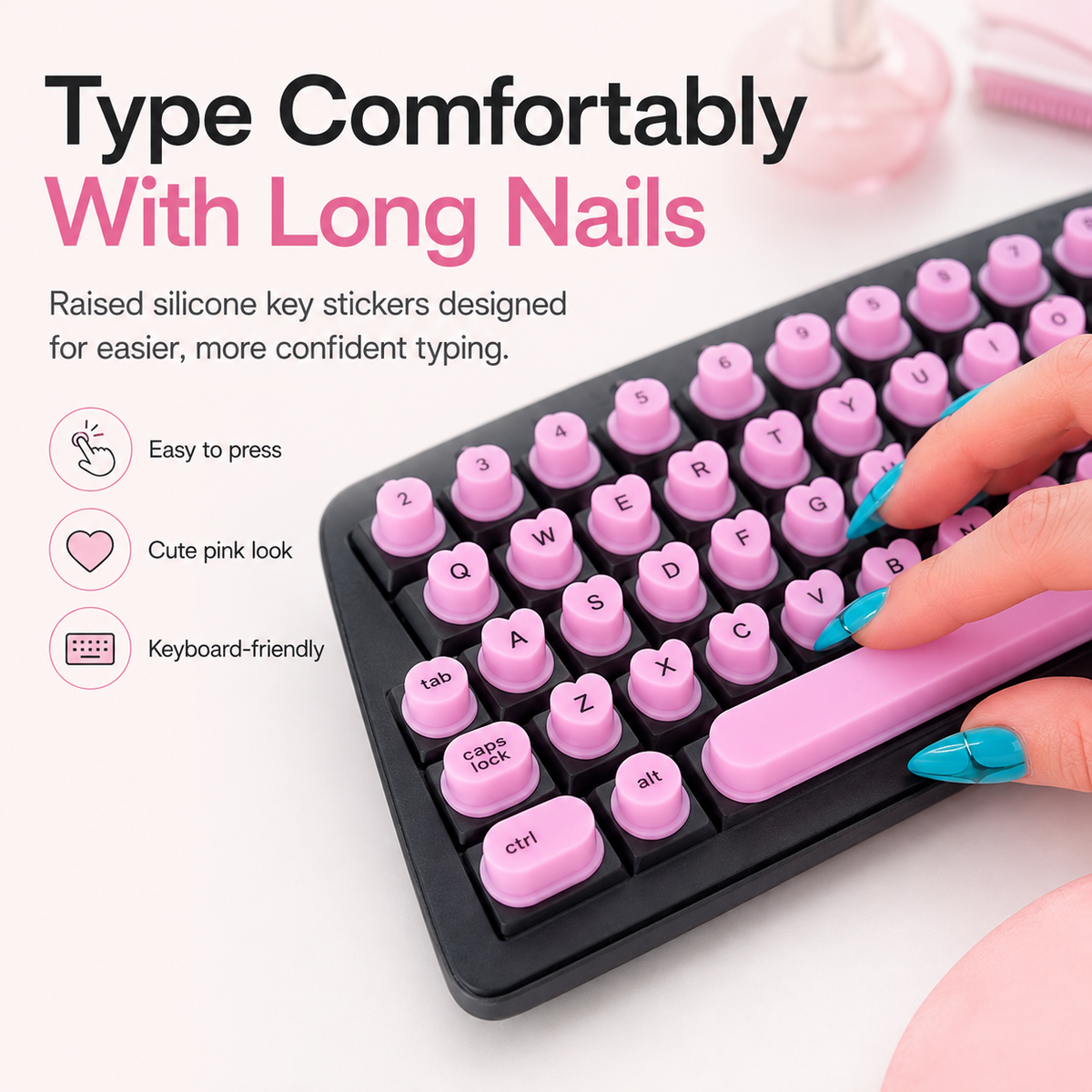 💅 Long Nail Keyboard Key Toppers – Cute Raised Silicone Typing Accessories