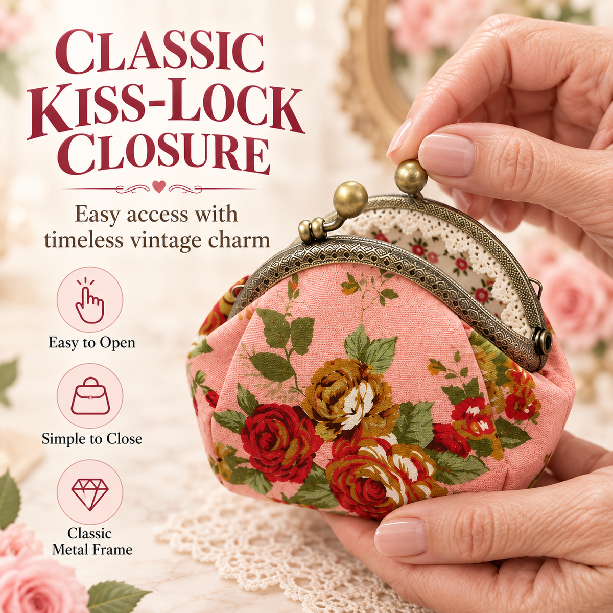 Vintage Floral Kiss-Lock Coin Purse – Charming Compact Pouch for Everyday Essentials