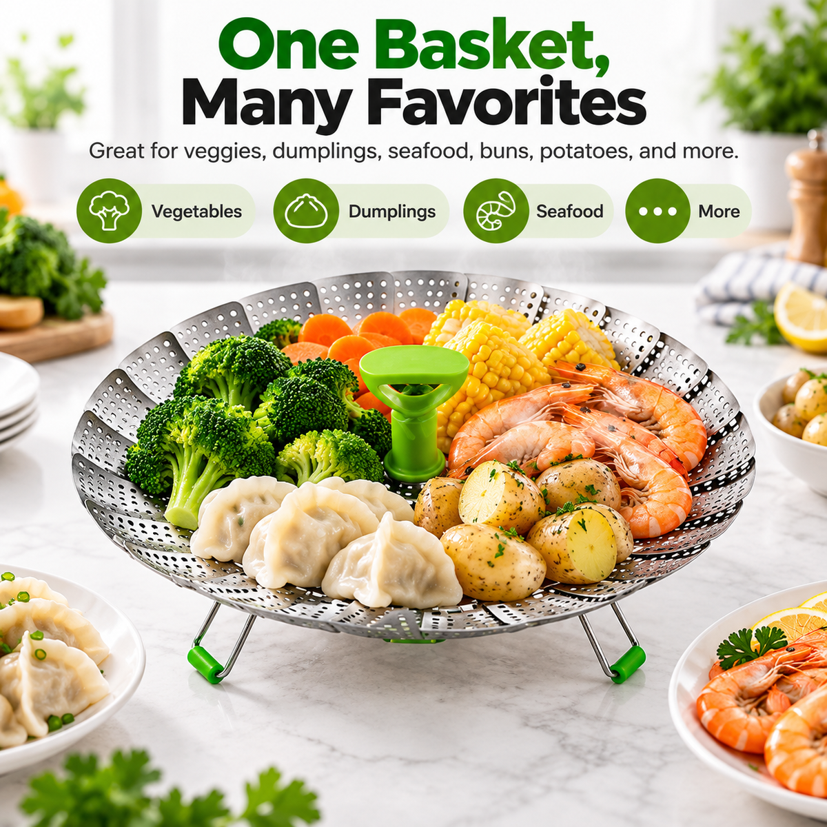 🥦 Expandable Folding Steamer Basket – Adjustable Stainless Steel Cooking Insert, 2 Sizes