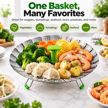 🥦 Expandable Folding Steamer Basket – Adjustable Stainless Steel Cooking Insert, 2 Sizes