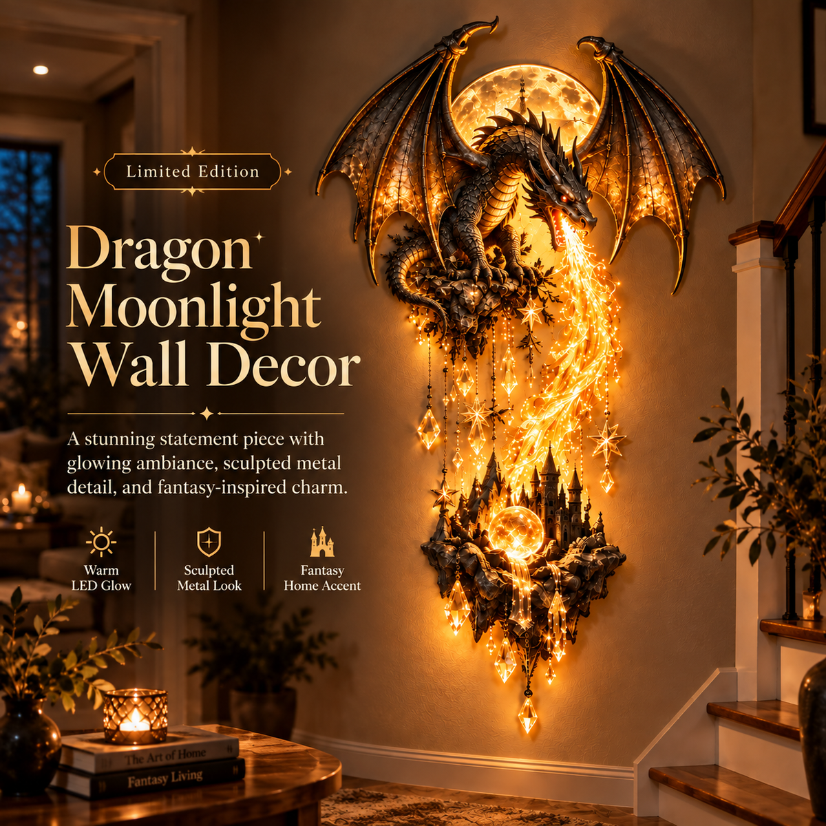 Last Day 49% OFF – 🐉 Dragonfire Moonlight Wall Lamp | Enchanted Fantasy Castle Decor