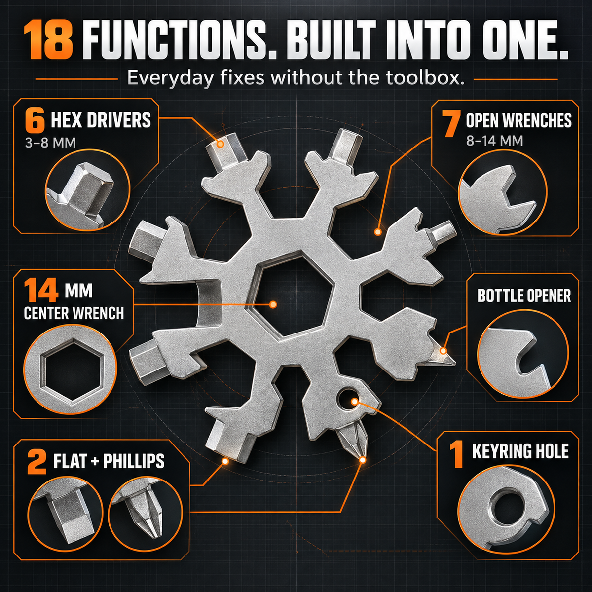 ❄️ 18-in-1 Snowflake Multi-Tool – Pocket-Sized Wrench, Screwdriver & EDC Tool