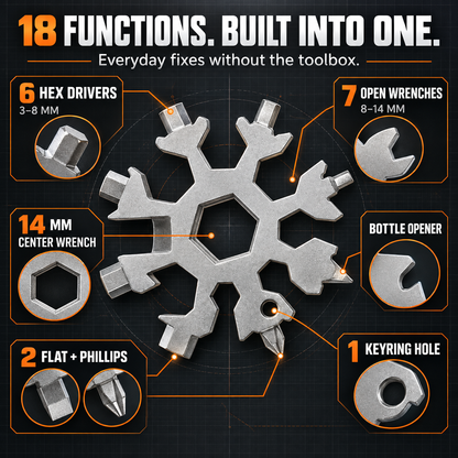 ❄️ 18-in-1 Snowflake Multi-Tool – Pocket-Sized Wrench, Screwdriver & EDC Tool
