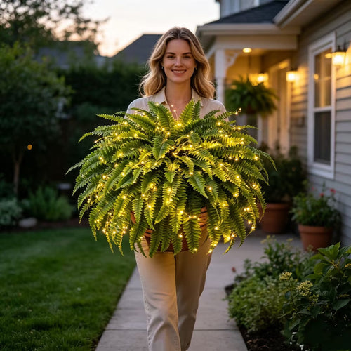 ☀️ Glowing Artificial Boston Fern – Zero-Watering Lighted Porch & Home Decor