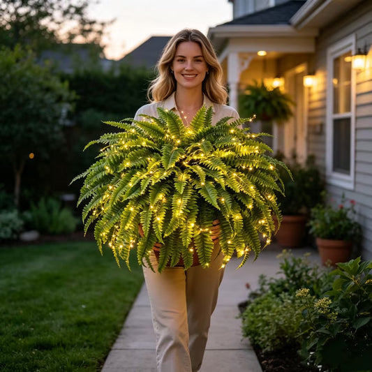 ☀️ Glowing Artificial Boston Fern – Zero-Watering Lighted Porch & Home Decor