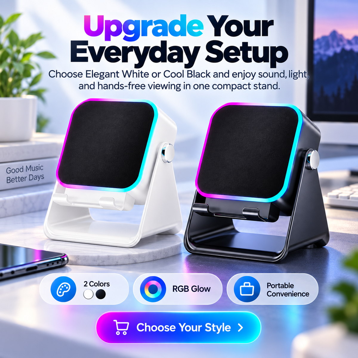🎵 RGB Induction Speaker Phone Stand – Bluetooth 5.3, 5000mAh Battery & Ambient Light