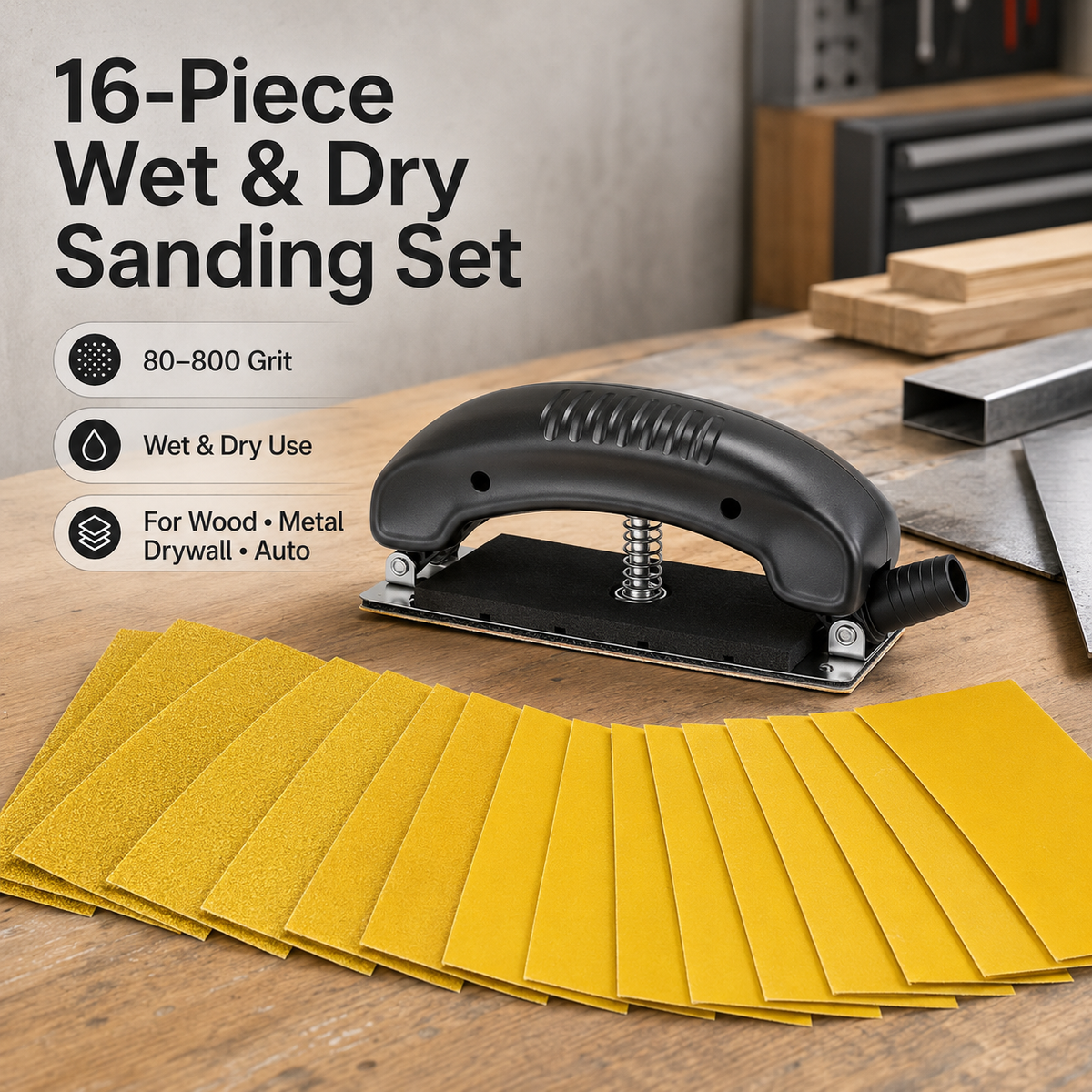 🚗16-Pack Wet & Dry Sandpaper Set – 80-800 Grit Sanding Sponges for Wood, Metal, Drywall & Auto