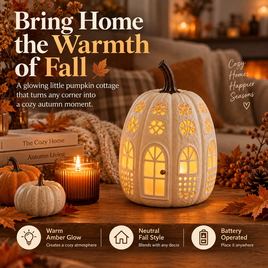 Lighted Pumpkin Cottage – Warm Amber Neutral Fall Tabletop Decor