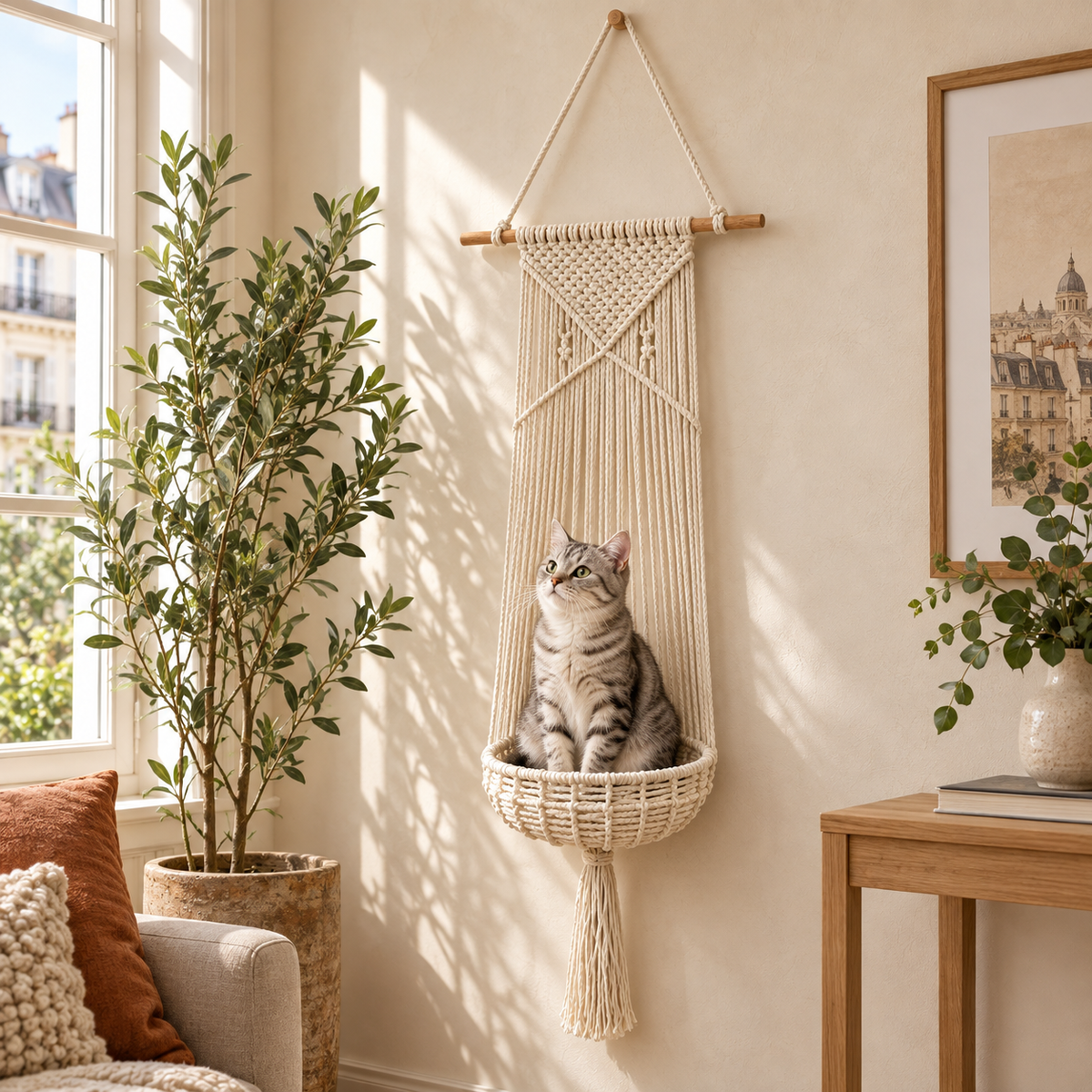 🧵Handwoven Desk-Mounted Cat Bed – Cozy Space-Saving Perch for Cats