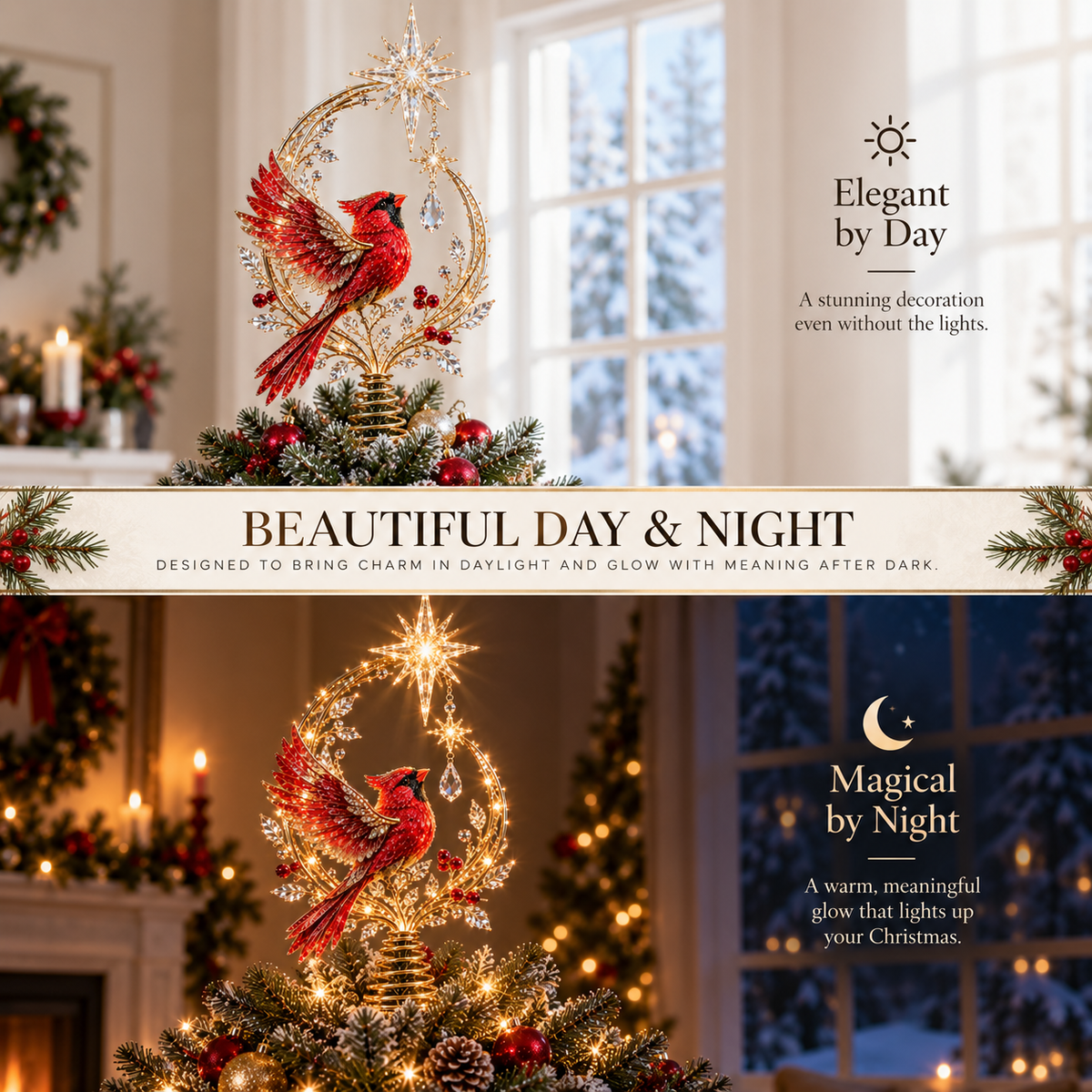 🐦Lighted Cardinal Christmas Tree Topper – Meaningful Holiday Décor & Memorial Gift🌟