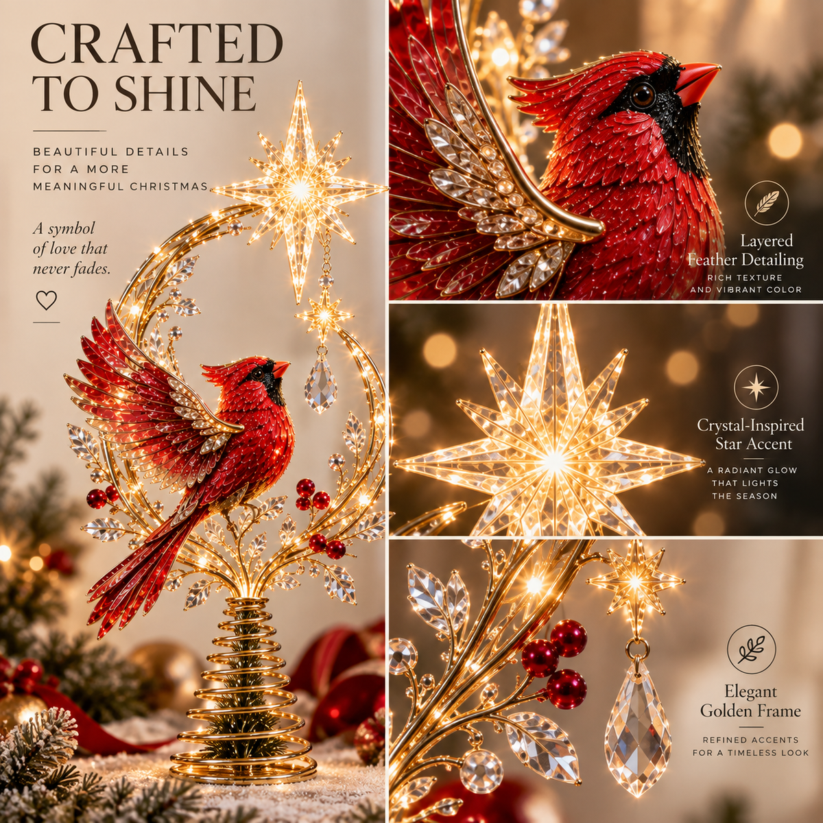 🐦Lighted Cardinal Christmas Tree Topper – Meaningful Holiday Décor & Memorial Gift🌟