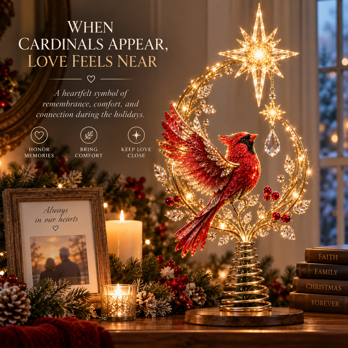 🐦Lighted Cardinal Christmas Tree Topper – Meaningful Holiday Décor & Memorial Gift🌟