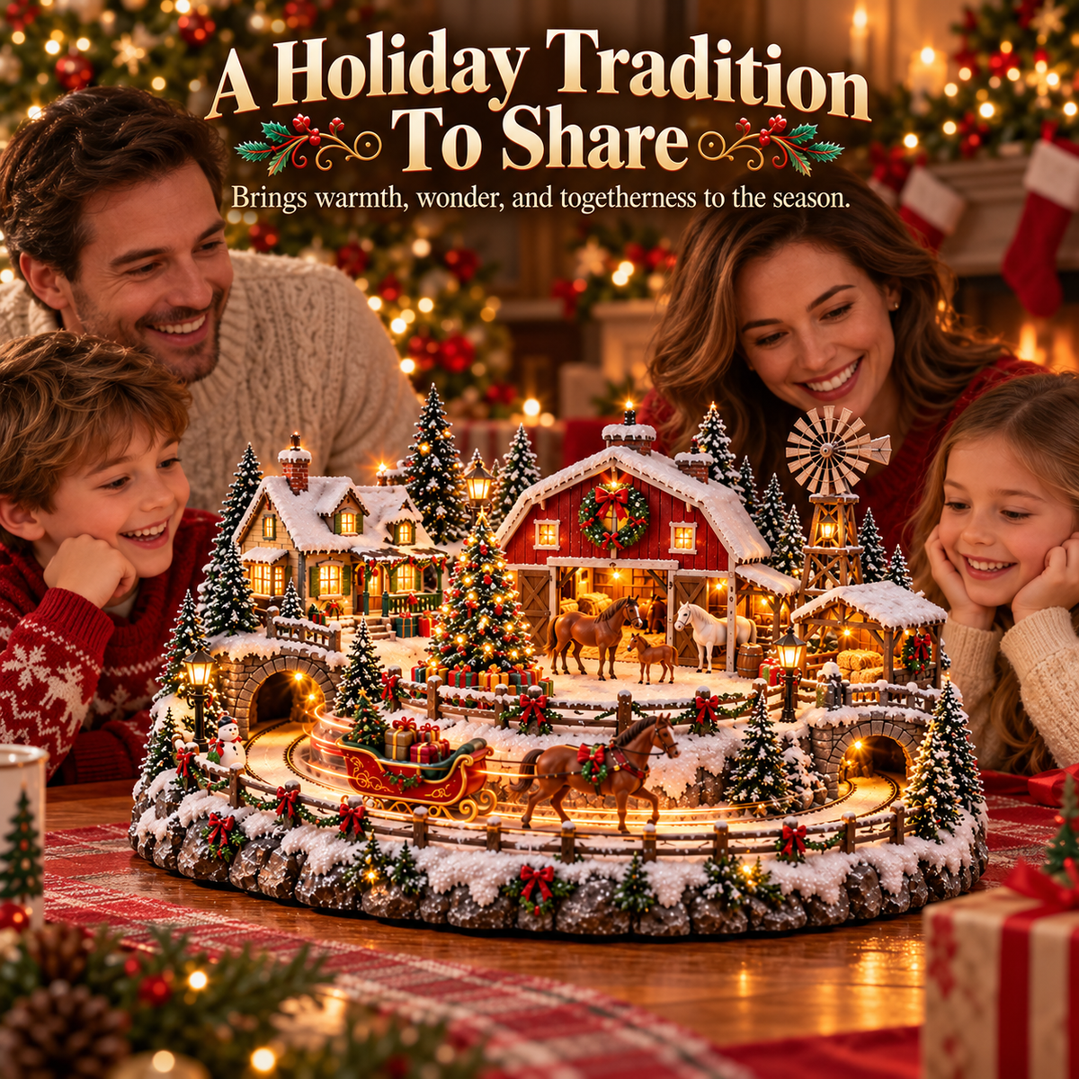 🐎 Christmas Horse Sleigh Farm Village – Lighted Equestrian Holiday Scene
