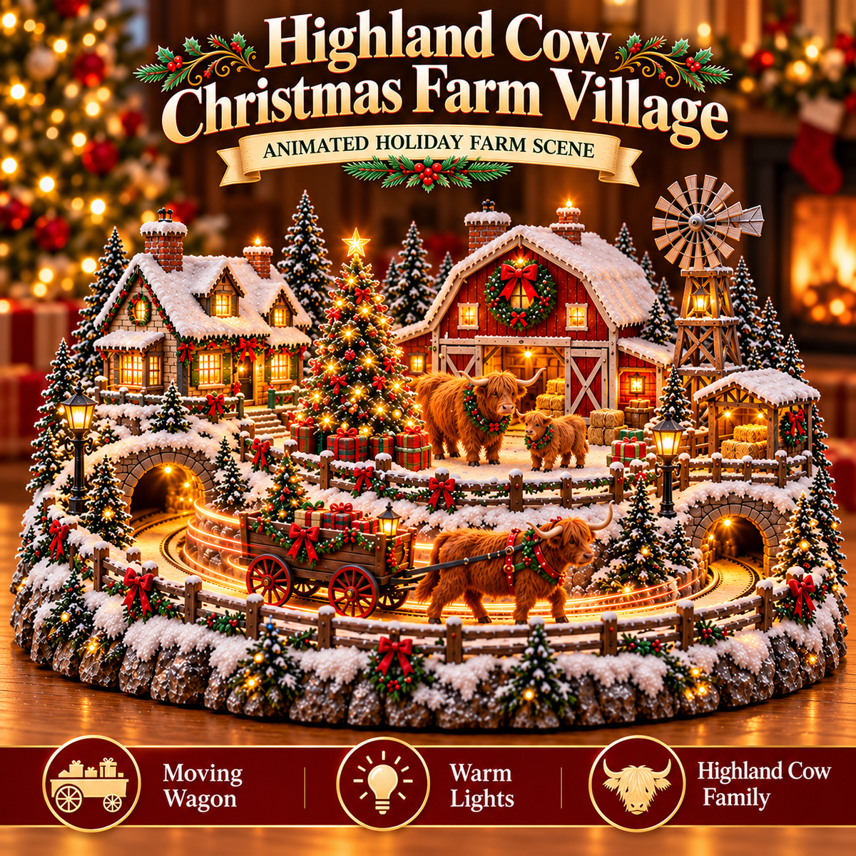 🐮 Highland Cow Christmas Farm Village – Lighted Farmhouse Holiday Scene