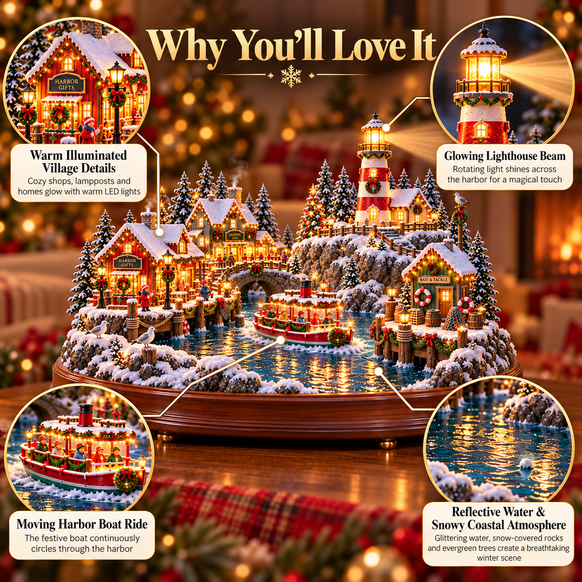⚓ Christmas Lighthouse Harbor Village – Moving Boat & Warm Lights
