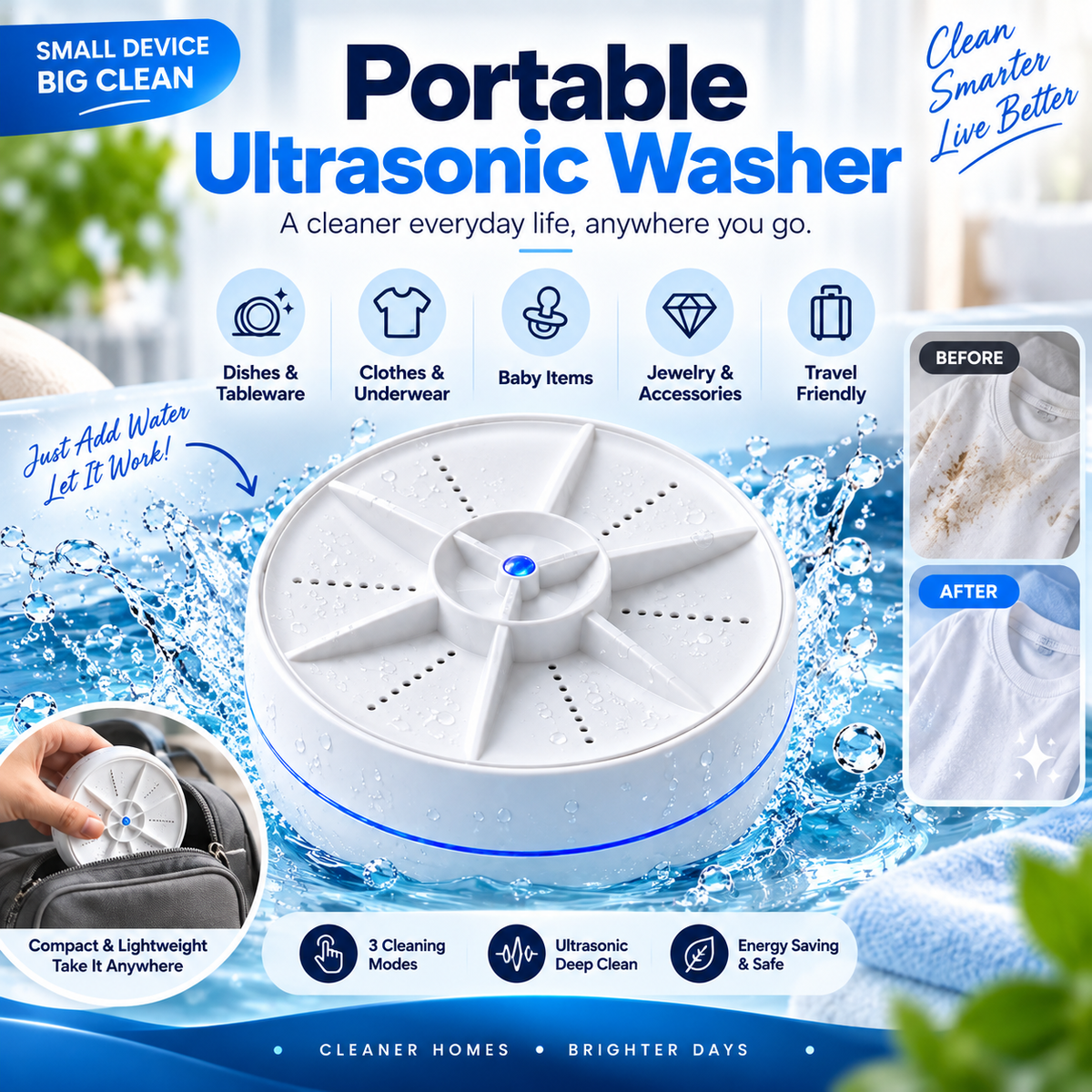 🫧 Portable Ultrasonic Mini Washer – 3-Mode Cleaner for Clothes & Dishes