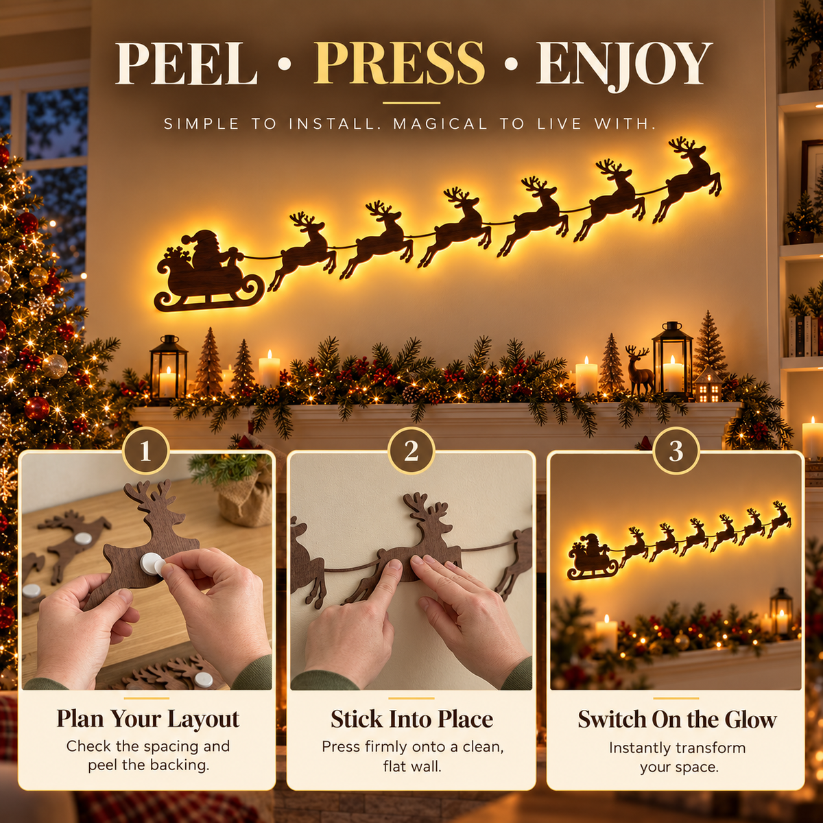 🦌✨Santa & 6 Reindeer LED Wall Décor – Peel, Press & Glow