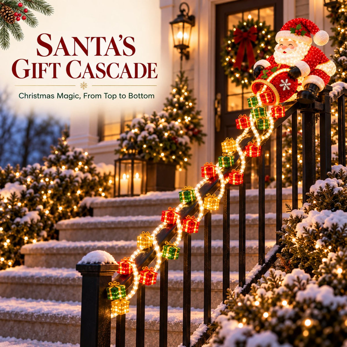 🎅 Santa Magic Gift Cascade Railing Light – Lighted Christmas Delivery Scene