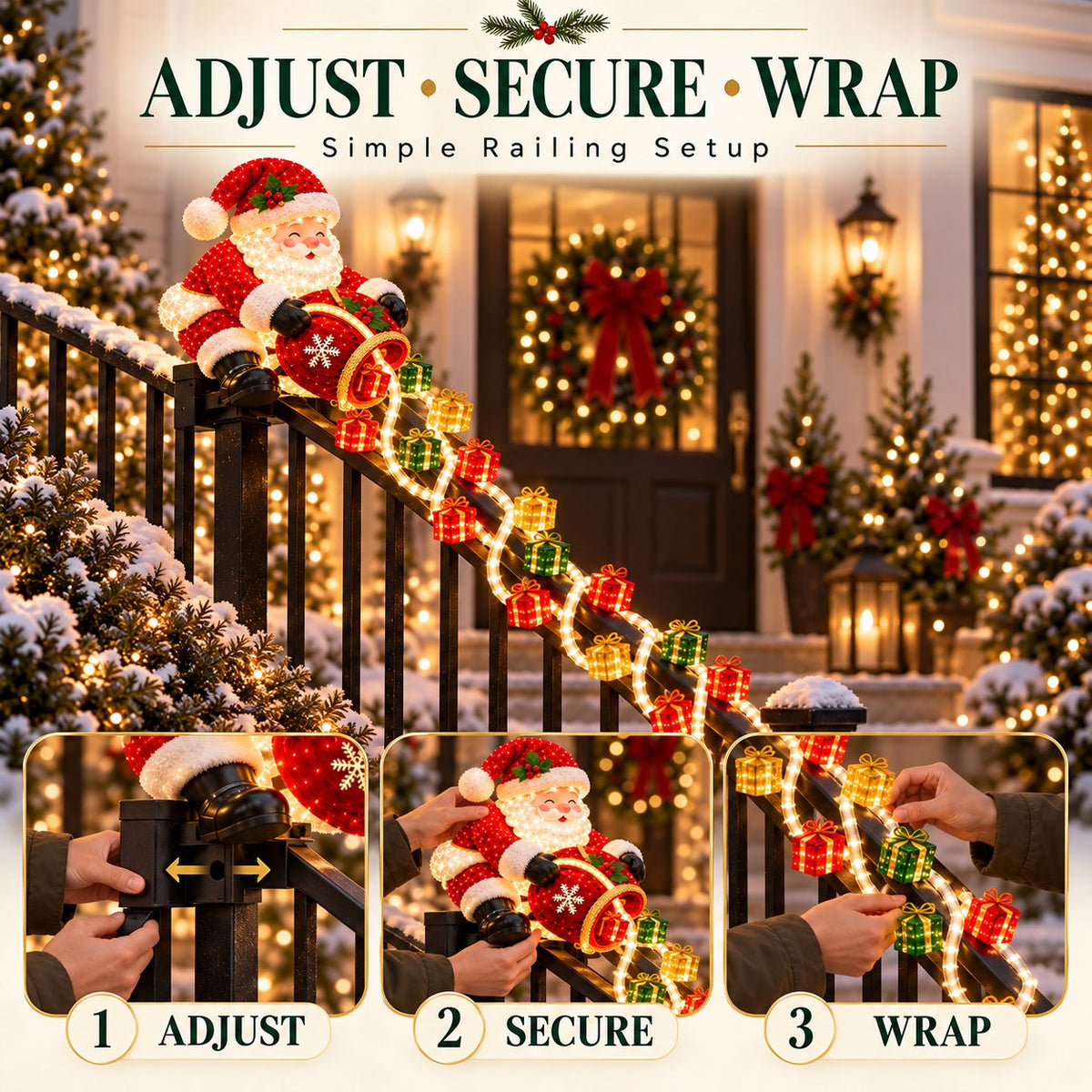 🎅 Santa Magic Gift Cascade Railing Light – Lighted Christmas Delivery Scene