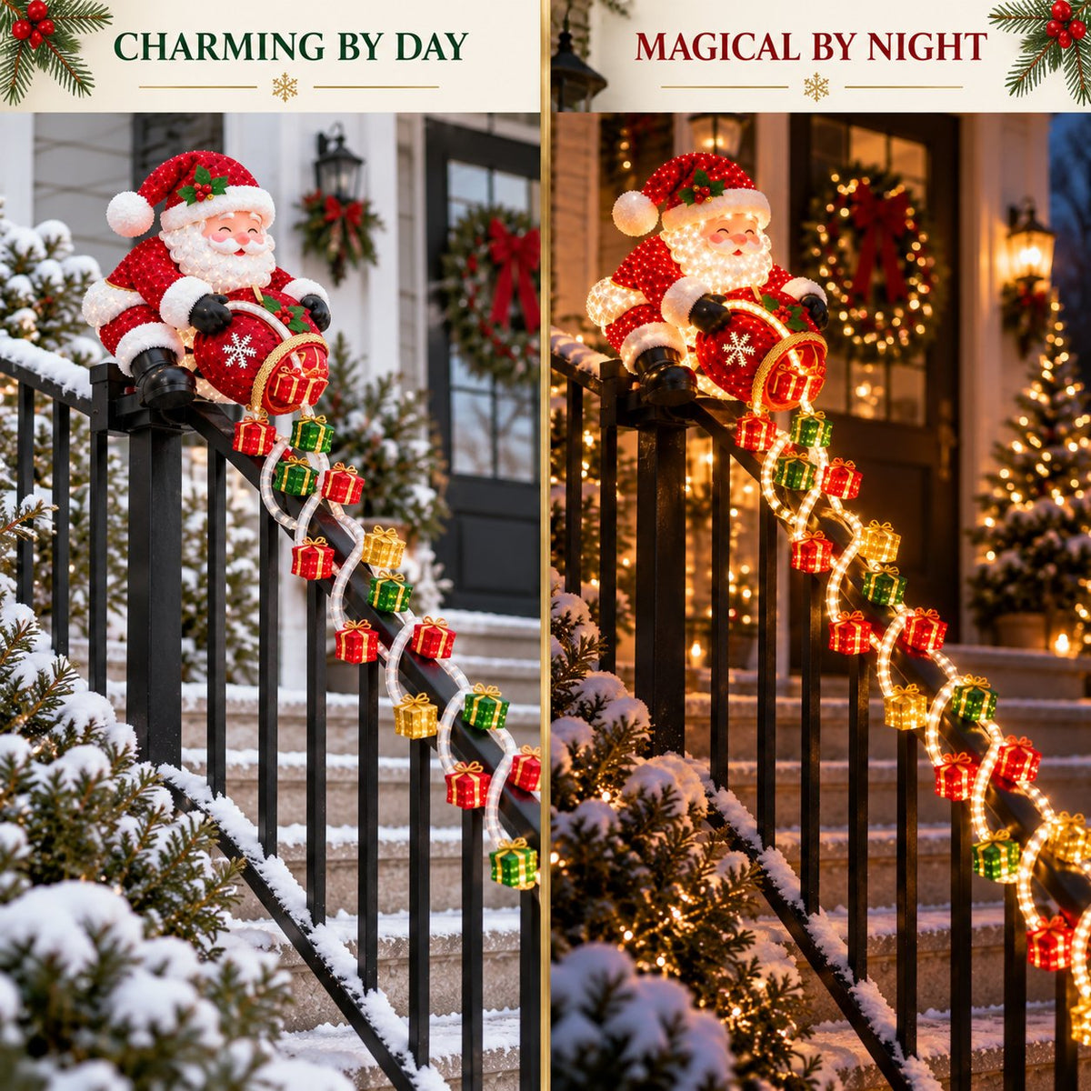🎅 Santa Magic Gift Cascade Railing Light – Lighted Christmas Delivery Scene